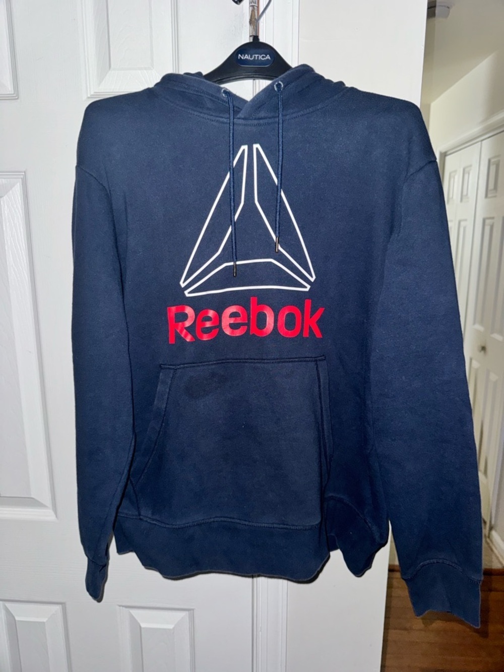 Reebok Men's Delta Logo Fleece Pullover Hoodie Large Navy Blue Red Sportswear LG